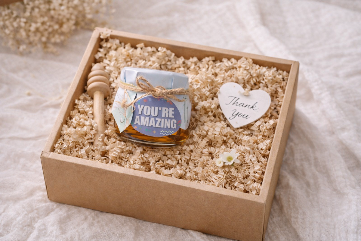Handmade honey gift box with wooden honey dipper and thank you card