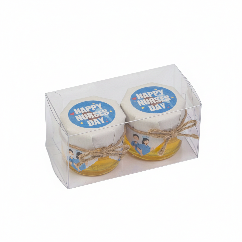 Two small containers with 'Happy Nurses Day' labels in a clear box on a white background