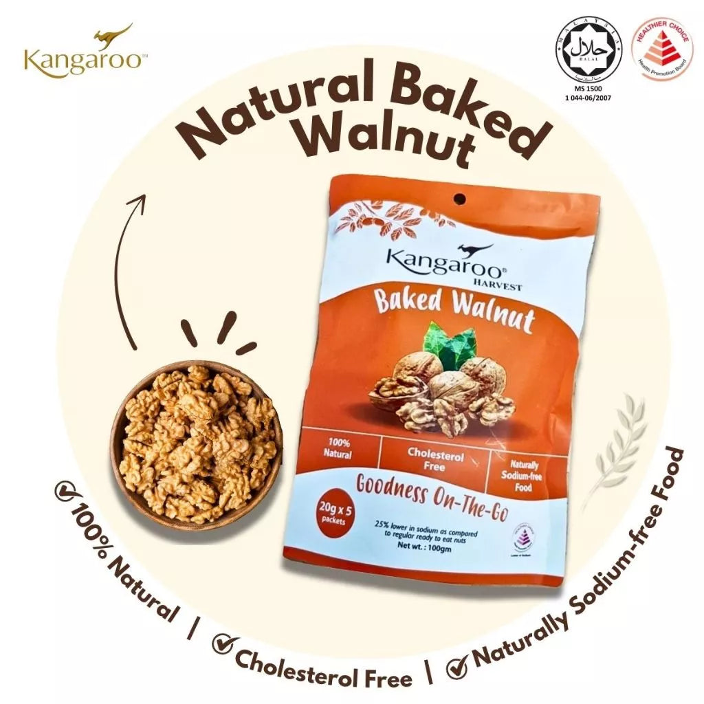 Kangaroo Harvest baked walnut package with text highlighting benefits on a beige background