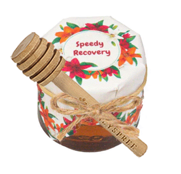 Honey jar with floral design and 'Speedy Recovery' text on a white background