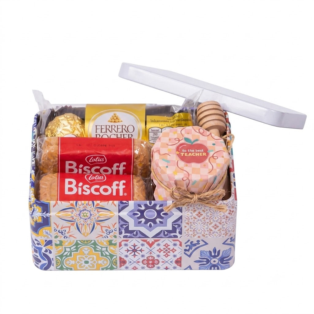 Best Teacher gift basket with Biscoff biscuits, chocolates, honey jar and treats
