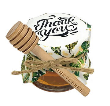 Honey container with a wooden dipper and 'Thank you' text on a white background