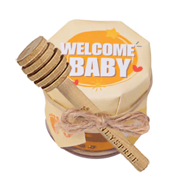 Jar with a wooden lid labeled 'Welcome Baby' on a white background