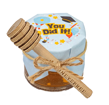 Honey container with 'You Did It!' text on a white background