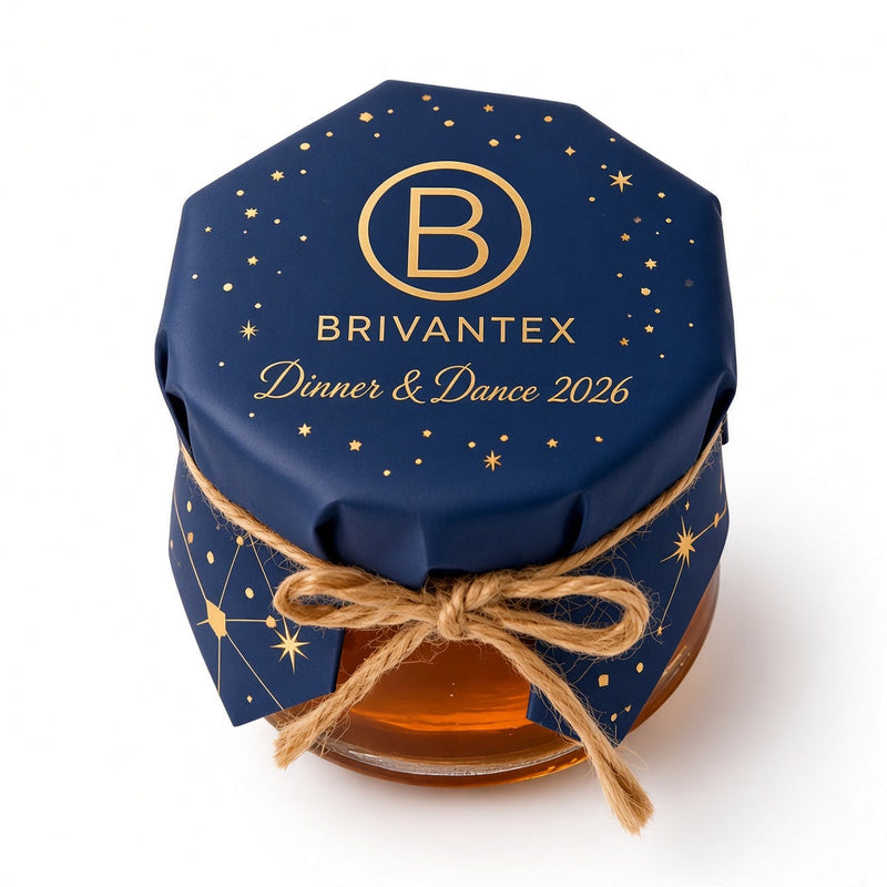 Customised HoneySpree mini honey jar door gift with a company logo for a year-end dinner and dance