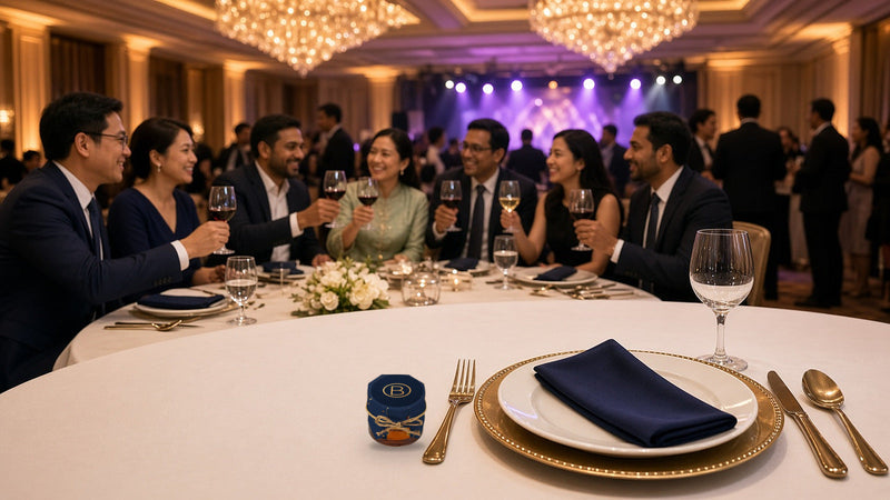 Colleagues toasting at a corporate dinner and dance, with a branded HoneySpree mini honey jar door gift at a place setting