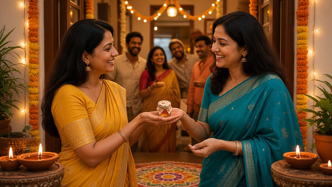 Two women in colourful sarees exchanging Deepavali wishes at a doorway lit with oil lamps, one offering a HoneySpree mini honey jar as a gift