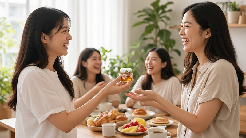Friends laughing over a bright weekend brunch at home as one hands another a HoneySpree mini honey jar as a gift
