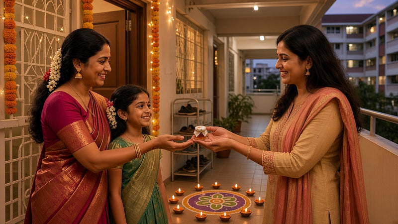 An Indian family receiving a HoneySpree mini honey jar as a Deepavali gift from a neighbour in an HDB corridor decorated with oil lamps, marigolds and a colourful kolam