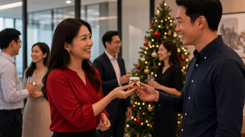 Colleagues at an office Christmas party in Singapore, with a host handing a guest a HoneySpree mini honey jar as a Christmas door gift beside a lit Christmas tree