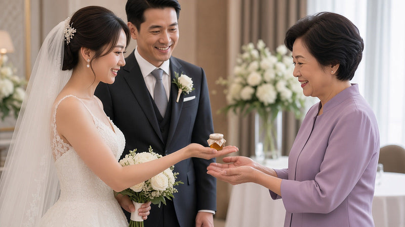 A bride in a lace gown and veil offering a HoneySpree mini honey jar door gift to a smiling guest after an intimate ROM solemnisation, with the groom beside her