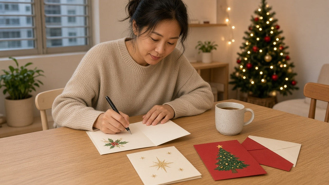 A woman writing Christmas cards at home beside a Christmas tree