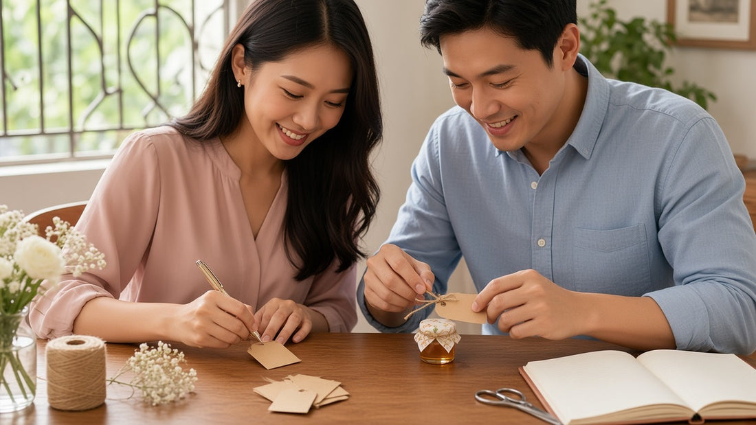 A couple at home tying a handwritten kraft tag onto a HoneySpree mini honey jar while preparing their wedding door gifts