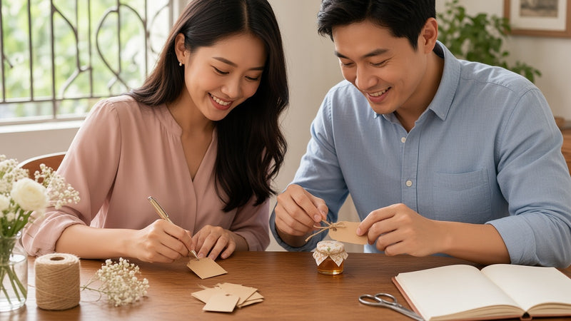 A couple at home tying a handwritten kraft tag onto a HoneySpree mini honey jar while preparing their wedding door gifts