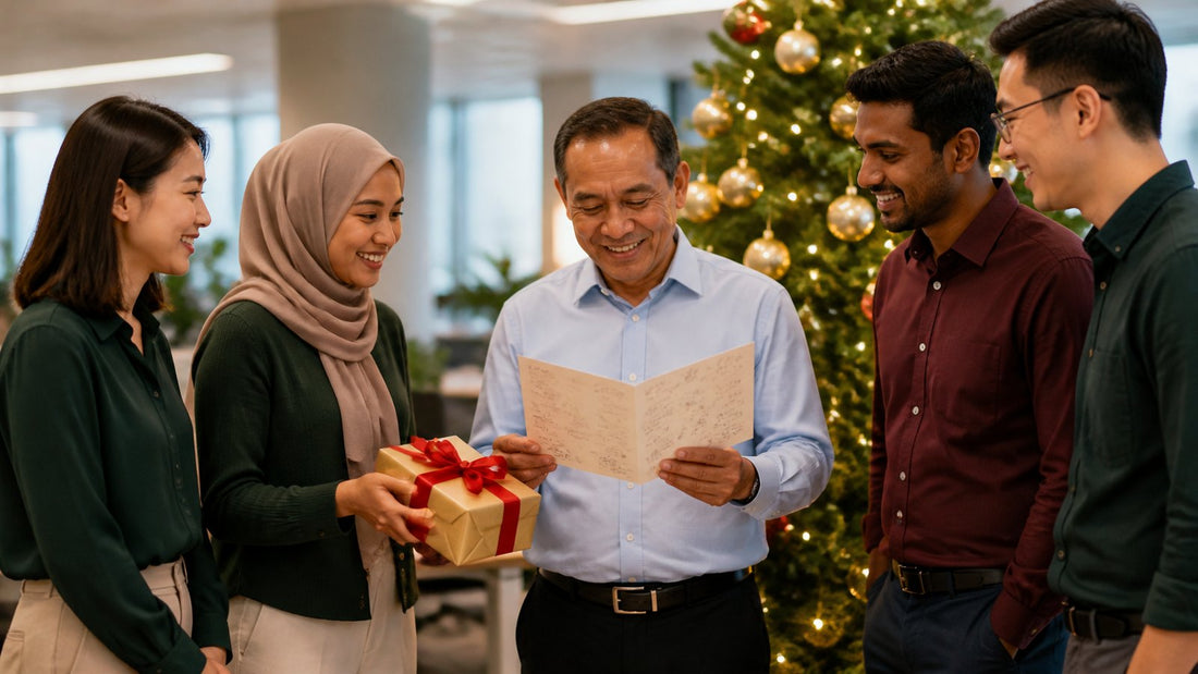 An office team beside a lit Christmas tree presenting their smiling manager with a wrapped Christmas gift and a card signed by everyone