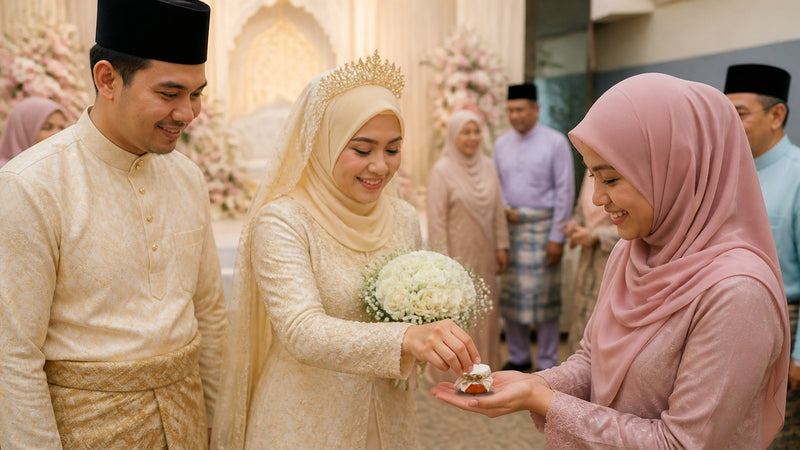 A Malay bride and groom at their wedding reception, with the bride placing a tiny honey jar door gift into a smiling guest's hands