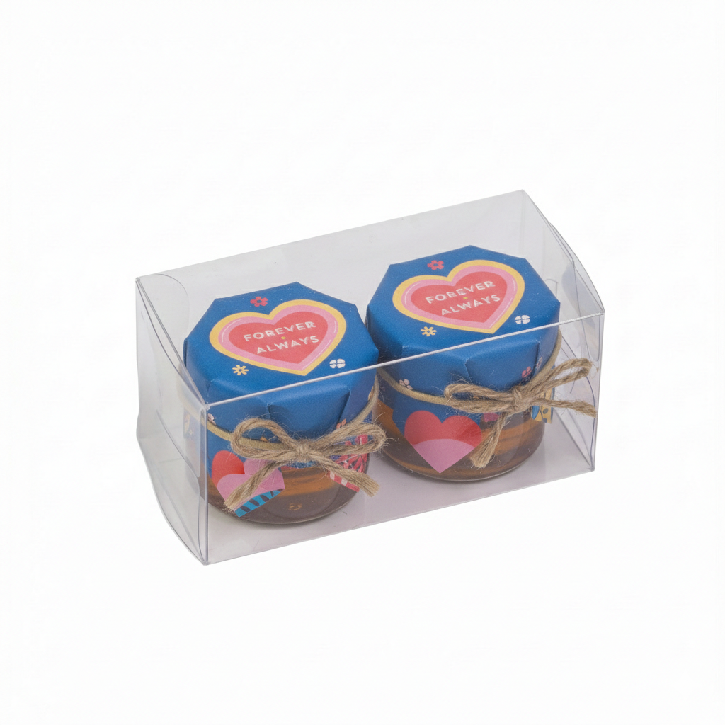 Two small jars with heart-shaped lids labeled 'Forever Always' in a clear packaging box.
