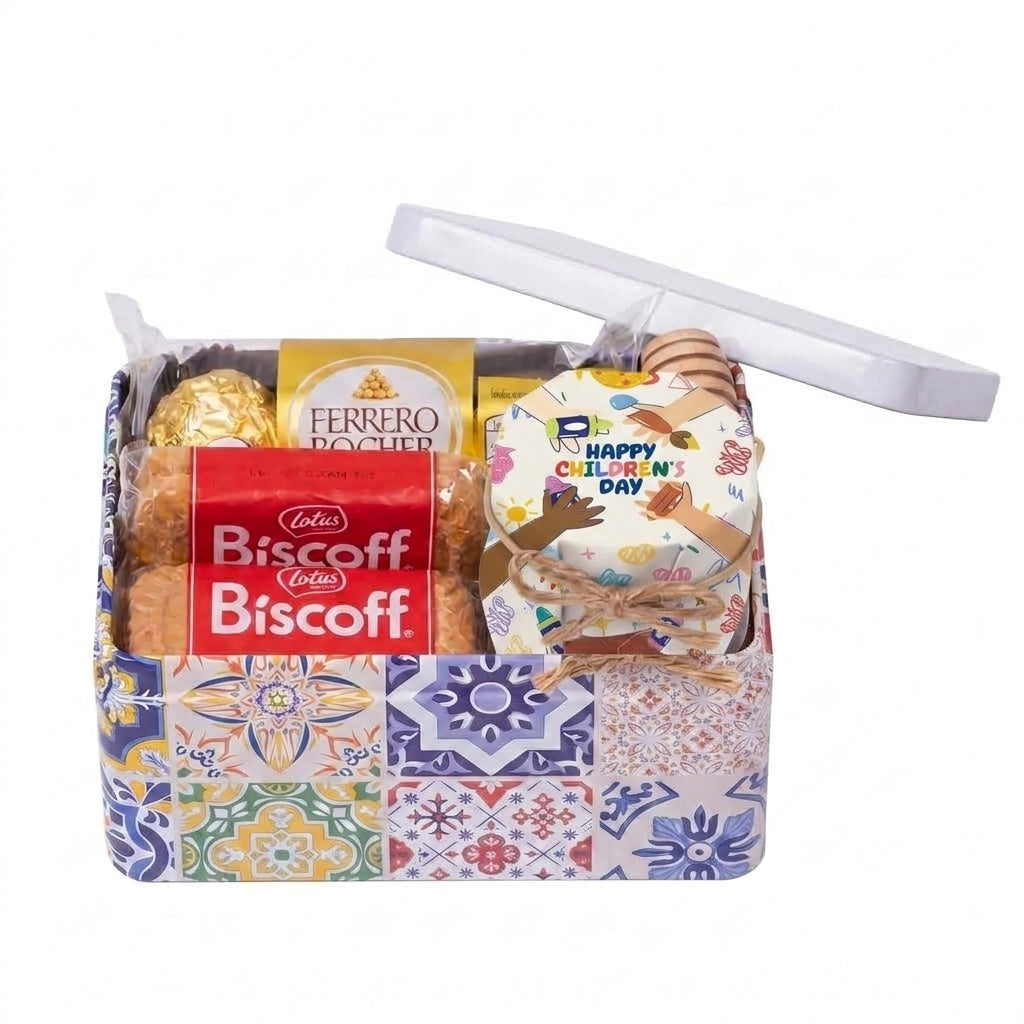 Small honey jar gift in a transparent clear box, wrapped in colorful Happy Children's Day packaging with a twine bow.