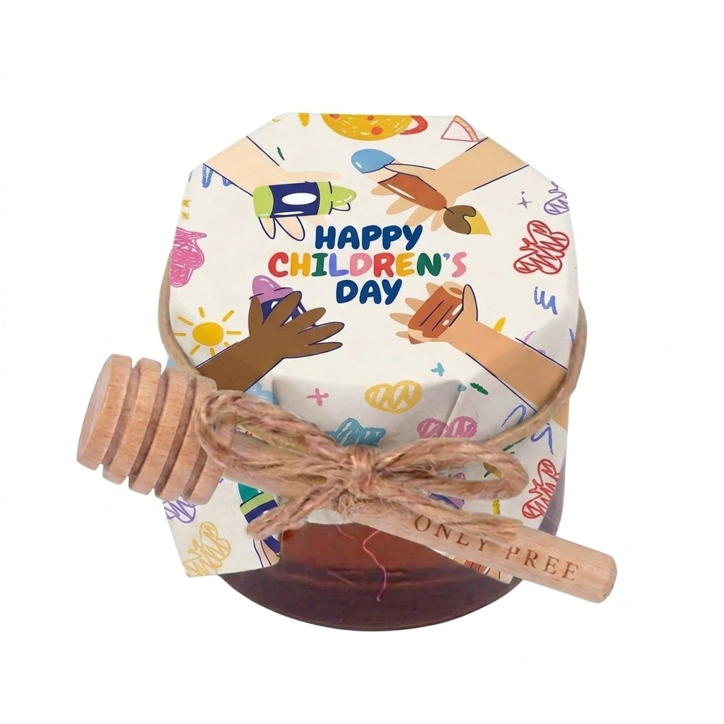 Small honey jar gift in a transparent clear box, wrapped in colorful Happy Children's Day packaging with a twine bow.