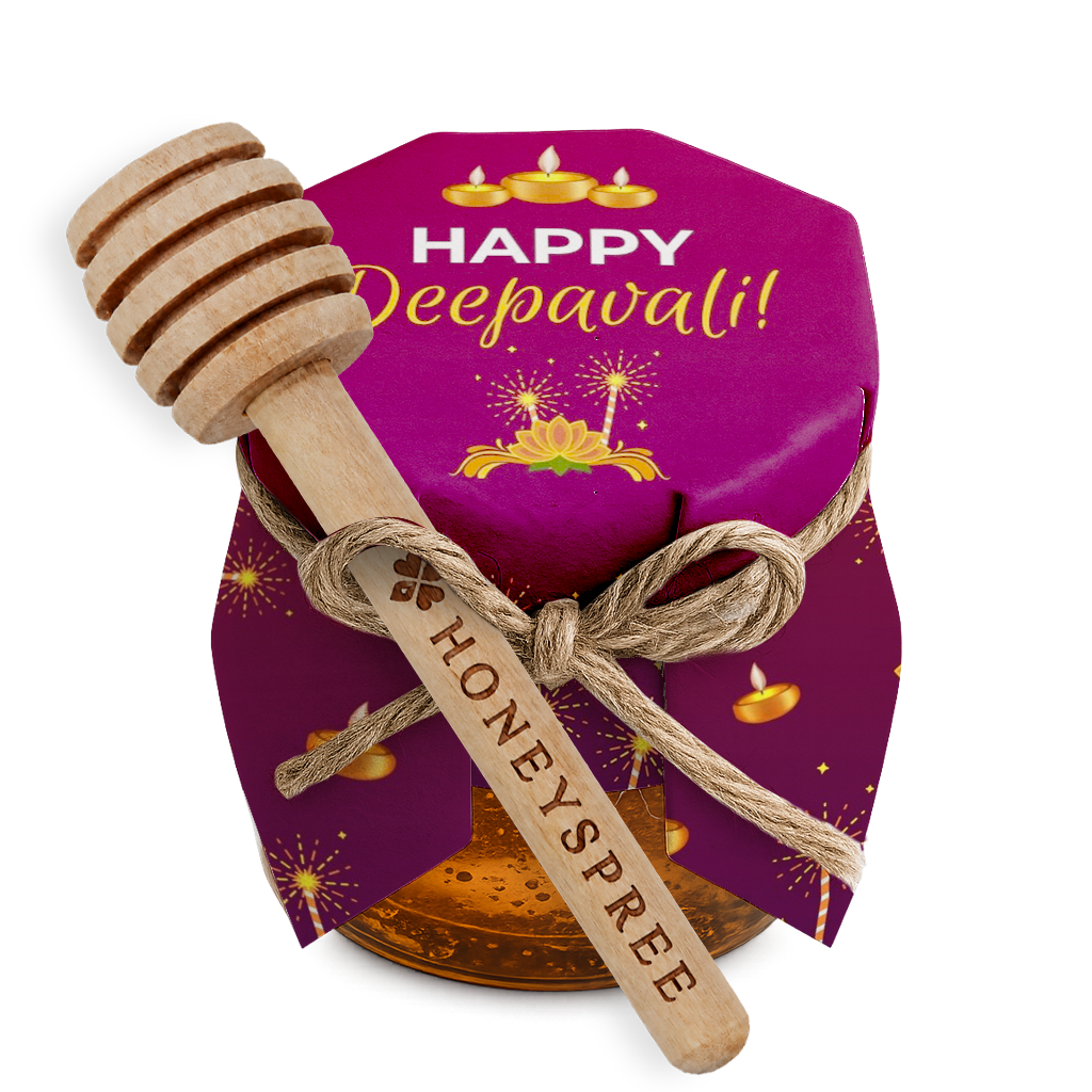 Happy Deepavali mini honey jar with a honey dipper