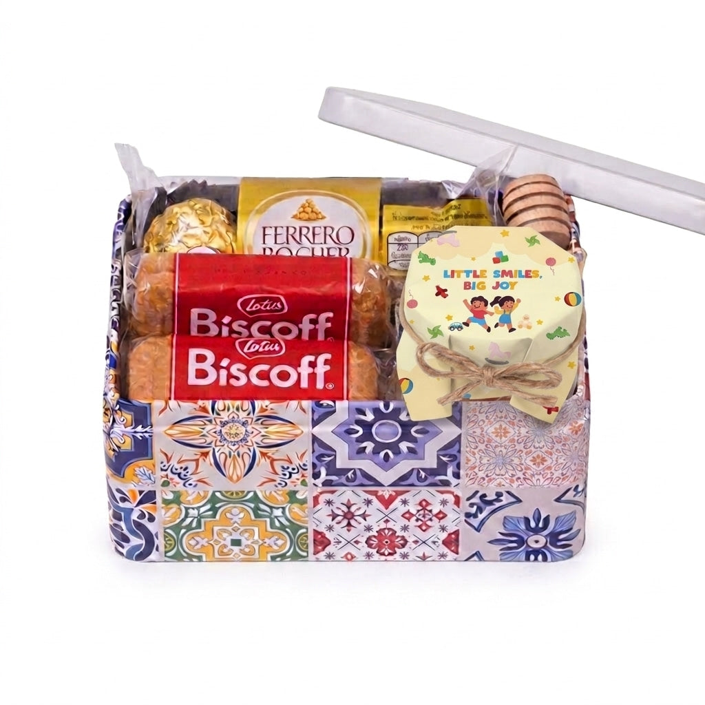 Complete Little Smiles, Big Joy honey gift set with colorful children's packaging, presented in a clear gift box.