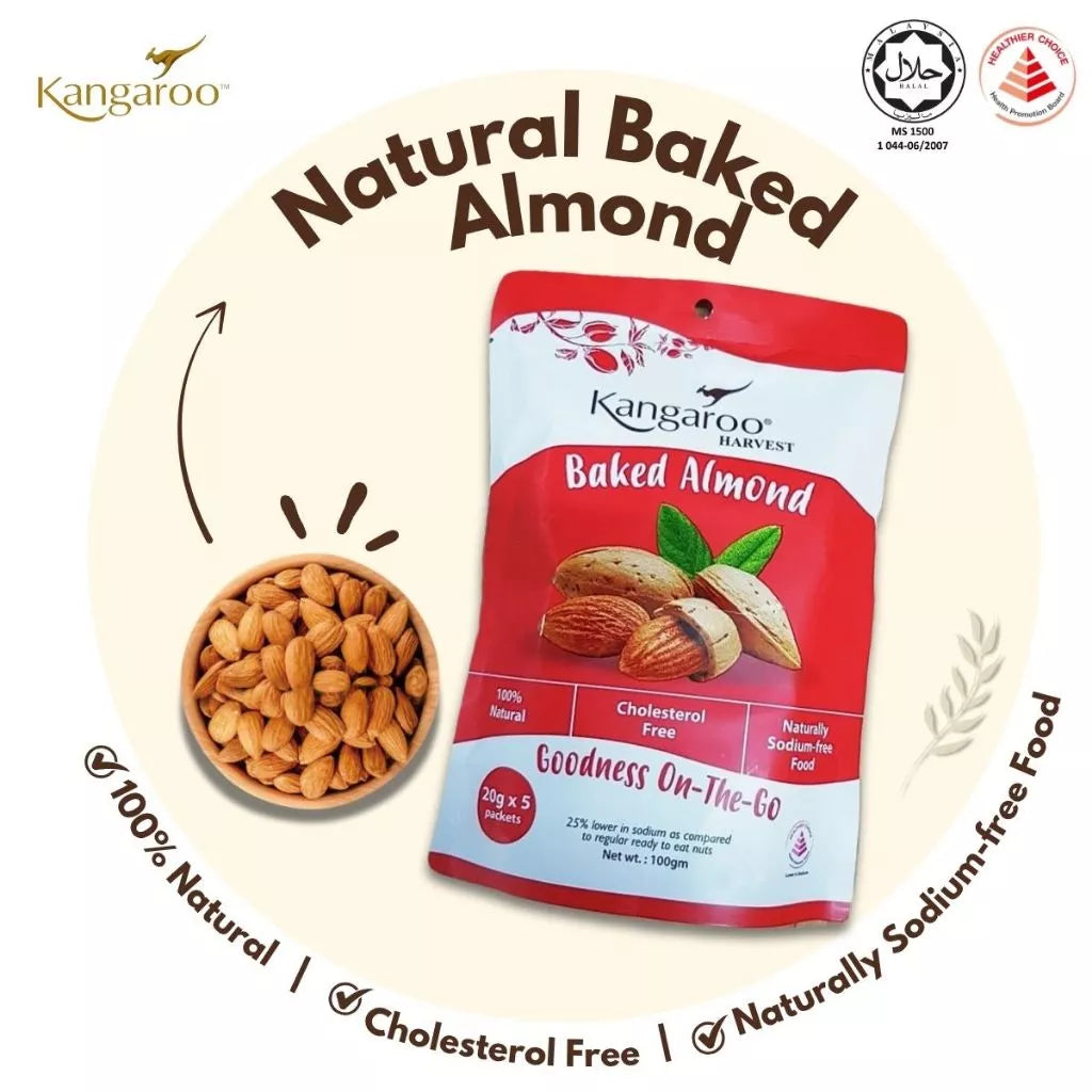 Kangaroo Harvest baked almond package with almonds and branding on a white background
