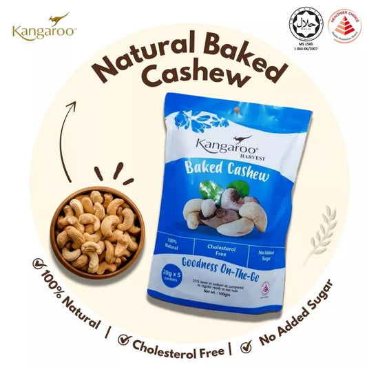 Kangaroo Baked Cashew packaging with cashews and product details on a light beige background