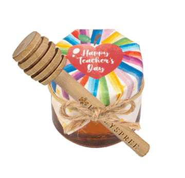 Honey jar with colorful lid and wooden spoon labeled 'Happy Teacher's Day' on a white background