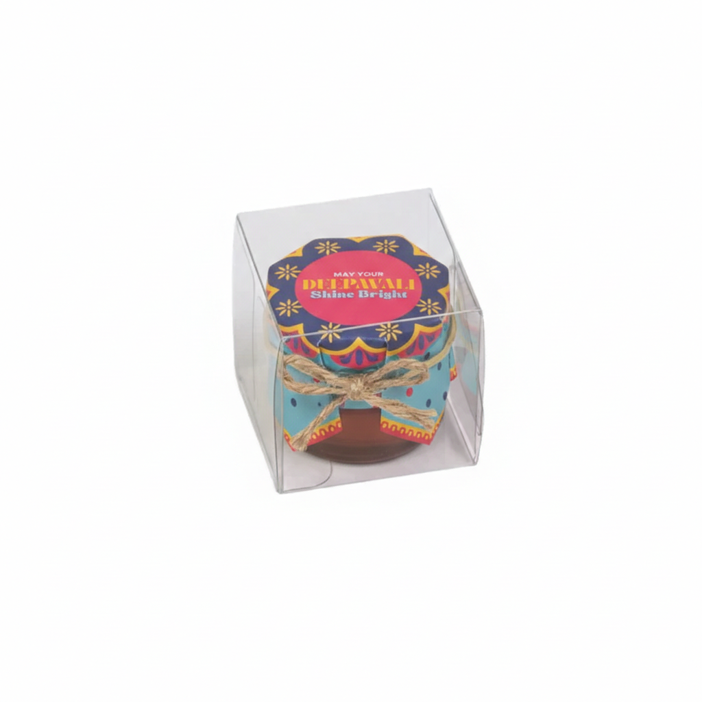 Candle in a decorative box with 'Deepavali Shine Bright' text on a white background