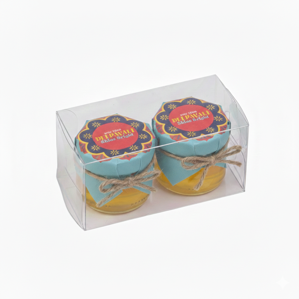 Two small jars with colorful lids in a clear packaging box on a white background