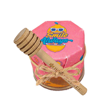 Jar of honey with a pink label featuring cartoon characters on a white background