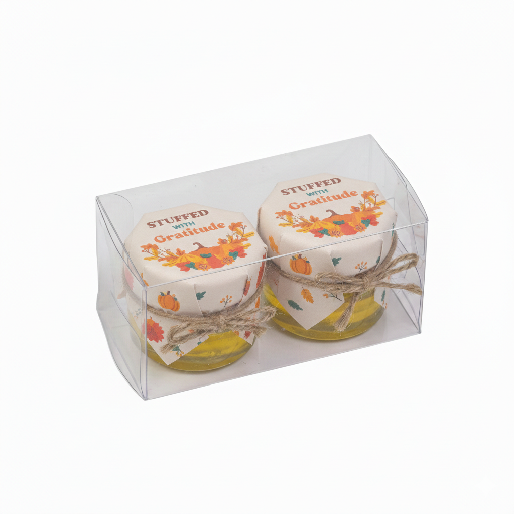 Two small jars with decorative lids in a clear packaging box on a white background
