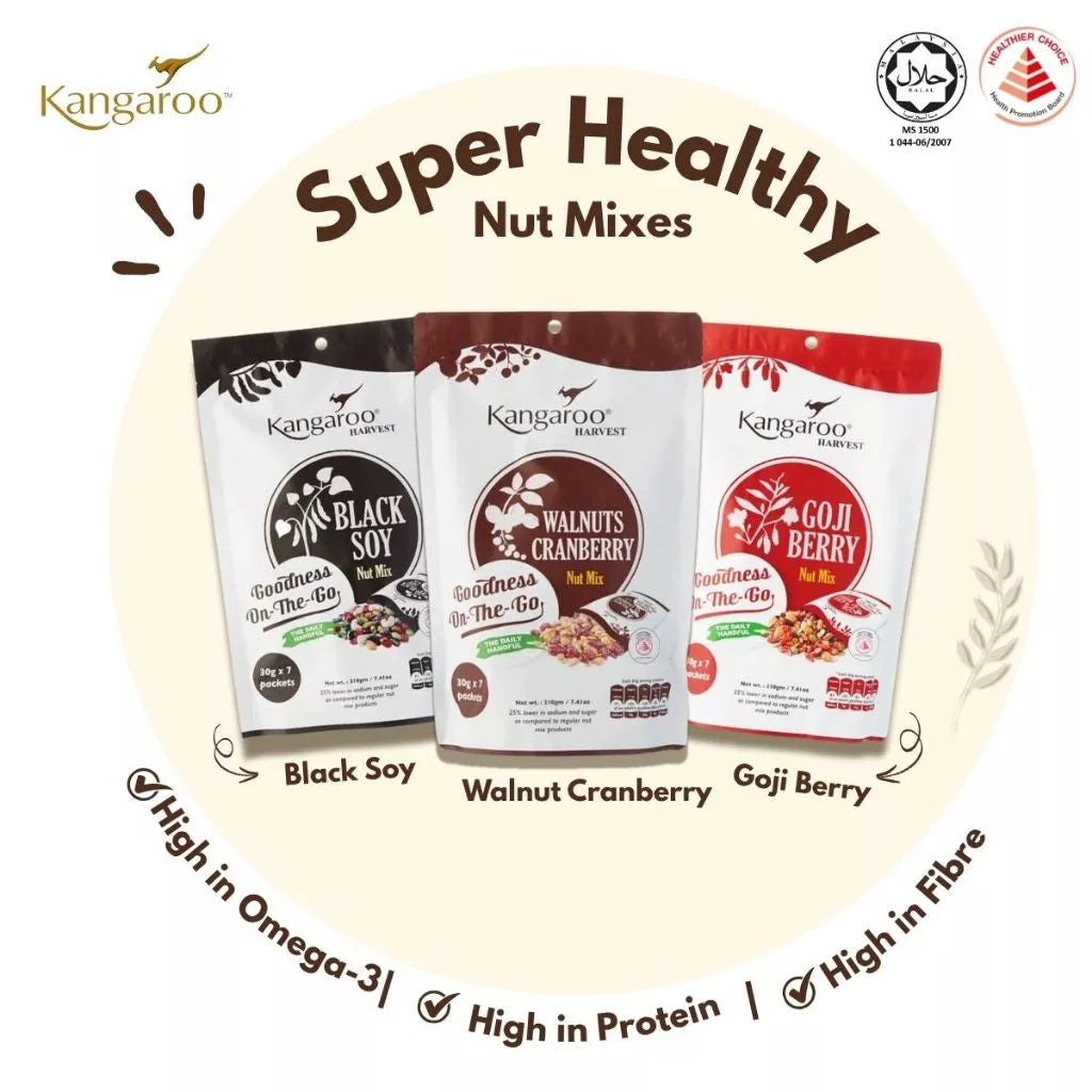 Three packages of Kangaroo Super Healthy Nut Mixes on a beige background with branding and product details.