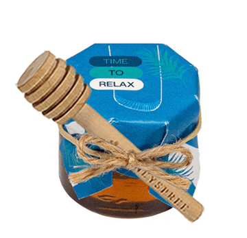 Jar of honey with a blue label and text 'Time to Relax' on a white background