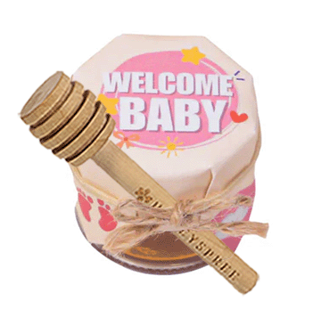 Decorative bottle with 'Welcome Baby' text on a white background